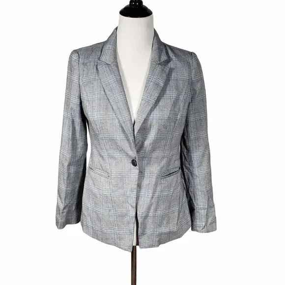 White House Black Market whbm Petite size 4P Gray Blue Plaid Blazer AS IS - Picture 1 of 11